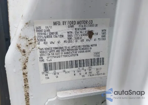 2011 Ford F-250 Lariat z USA, uszkodzony, nr VIN 1FT7W2BT7BEC57078